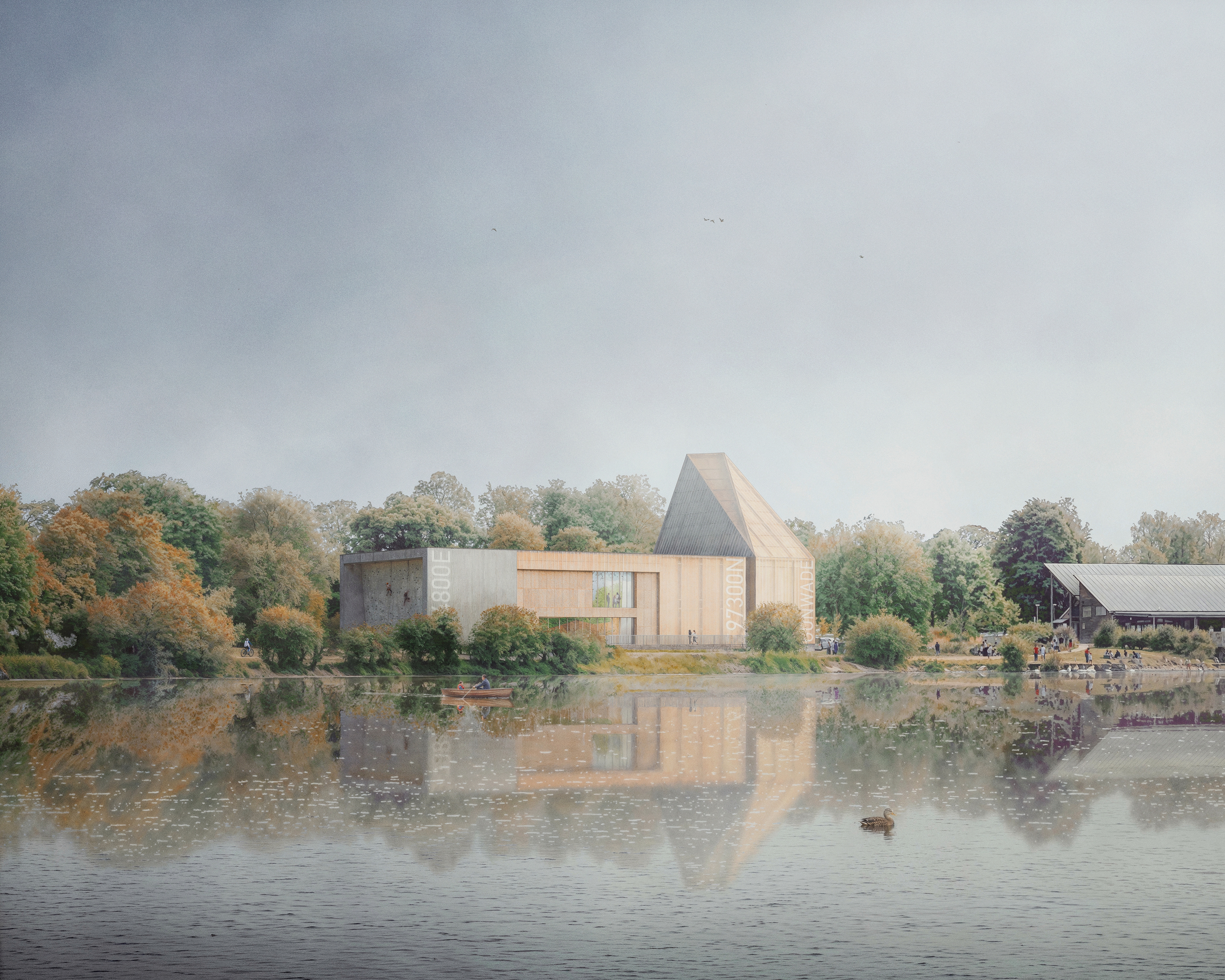 Butcher Bayley Architects Limited — Visualisation of the Nene Park Trust climbing centre at Lakeside, Peterborough, showing its climbing wall and lakeside setting, by Butcher Bayley Arch
