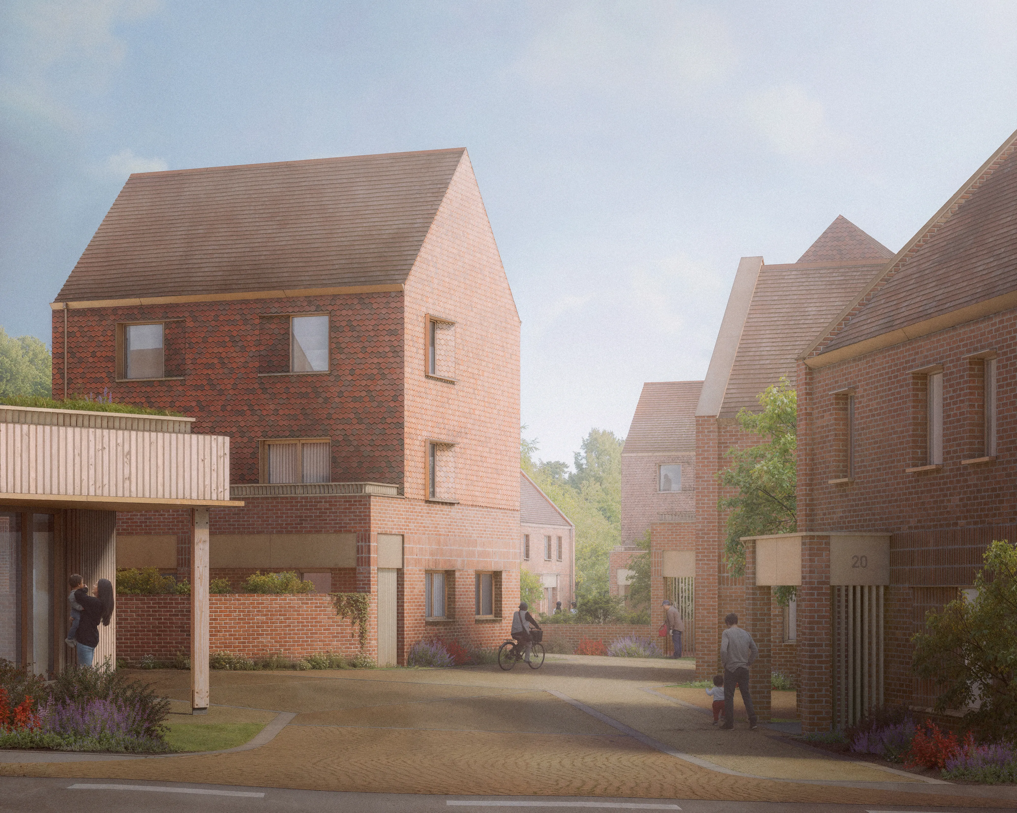 Visualisation of Western Park, showing new homes arranged around a landscaped neighbourhood street in Leicester